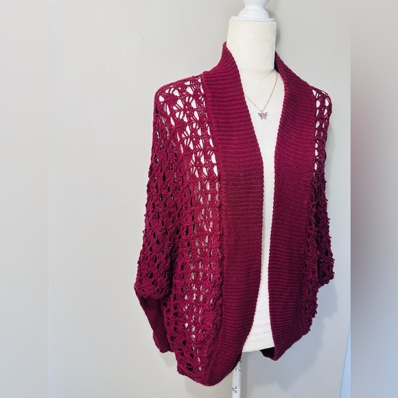 Abound Womens Cardigan S/M Red Wine BOHO Bolero Crochet Sweater Shawl Soft lace - Picture 4 of 8